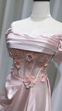 Ndyad Pink Off-the-shoulder A-Line Satin Long Evening Dresses Sweet 16 Prom Dresses HZ1024