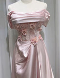 Ndyad Pink Off-the-shoulder A-Line Satin Long Evening Dresses Sweet 16 Prom Dresses HZ1024