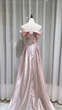 Ndyad Pink Off-the-shoulder A-Line Satin Long Evening Dresses Sweet 16 Prom Dresses HZ1024