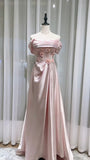 Ndyad Pink Off-the-shoulder A-Line Satin Long Evening Dresses Sweet 16 Prom Dresses HZ1024
