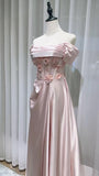 Ndyad Pink Off-the-shoulder A-Line Satin Long Evening Dresses Sweet 16 Prom Dresses HZ1024