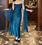 Ndyad Gothic Spaghetti Straps Party Dresses Vintage Teal Glitter Satin Evening Dresses HZ1024