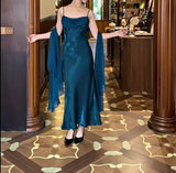 Ndyad Gothic Spaghetti Straps Party Dresses Vintage Teal Glitter Satin Evening Dresses HZ1024