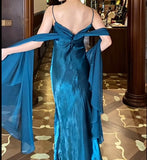 Ndyad Gothic Spaghetti Straps Party Dresses Vintage Teal Glitter Satin Evening Dresses HZ1024