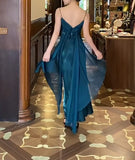 Ndyad Gothic Spaghetti Straps Party Dresses Vintage Teal Glitter Satin Evening Dresses HZ1024