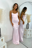 Ndyad Mermaid Pink Backless Long Evening Dresses Spaghetti Straps Party Dresses with Bowknot HZ1024