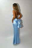 Ndyad Mermaid Pink Backless Long Evening Dresses Spaghetti Straps Party Dresses with Bowknot HZ1024