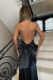 Ndyad Pink Satin Mermaid Spaghetti Straps Evening Dress Sexy Backless Prom Dress for Party HZ1024