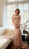 Ndyad Spaghetti Straps Printed Chiffon Sheath Sparkling Beaded Evening Dress HZ1024