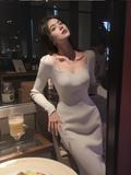 Ndyad Square Neck Long Sleeve Hip-wrapped Knitted Dress HZ1024