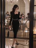 Ndyad Square Neck Long Sleeve Hip-wrapped Knitted Dress HZ1024