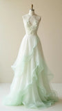 Ndyad Gradient Light Green V neck A-Line Tulle Long Prom Dresses Sweet Beaded Applique Formal Evening Dress HZ1024