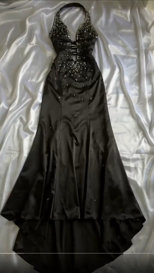 Ndyad Black Deep V Neck Satin Mermaid Party Dresses Vintage Backless Beaded Evening Dress HZ1024