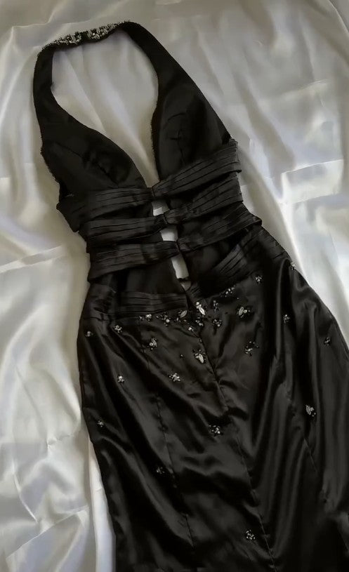 Ndyad Black Deep V Neck Satin Mermaid Party Dresses Vintage Backless Beaded Evening Dress HZ1024