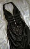 Ndyad Black Deep V Neck Satin Mermaid Party Dresses Vintage Backless Beaded Evening Dress HZ1024