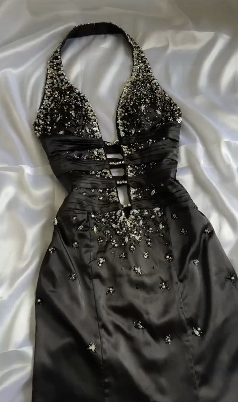 Ndyad Black Deep V Neck Satin Mermaid Party Dresses Vintage Backless Beaded Evening Dress HZ1024