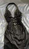 Ndyad Black Deep V Neck Satin Mermaid Party Dresses Vintage Backless Beaded Evening Dress HZ1024