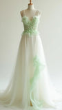 Evafashion White Tulle V-neck A-Line Long Prom Dresses with Beading Formal Evening Dress HZ1024
