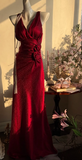 Ndyad Burgundy Mermaid Jacquard Satin V-neck Evening Dress Simple Prom Dress HZ1024