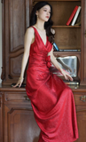 Ndyad Burgundy Mermaid Jacquard Satin V-neck Evening Dress Simple Prom Dress HZ1024