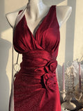 Ndyad Burgundy Mermaid Jacquard Satin V-neck Evening Dress Simple Prom Dress HZ1024