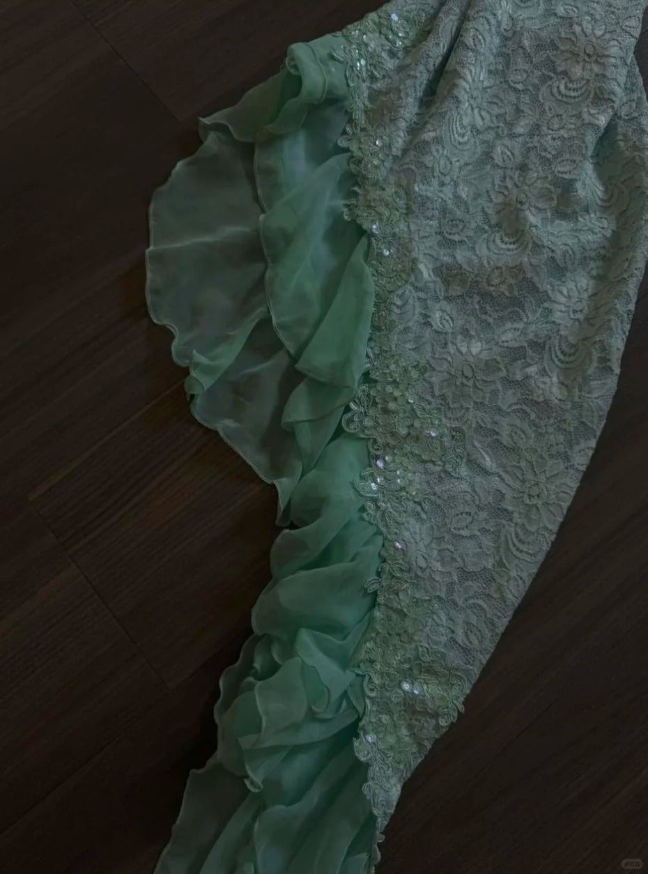 Ndyad Mint Green Spaghetti Straps Bodycon Chiffon Prom Dresses Lace Applique Sweet Party Dresses HZ1024