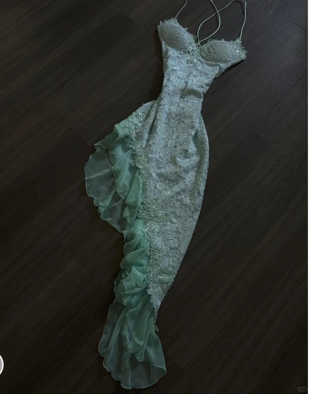 Ndyad Mint Green Spaghetti Straps Bodycon Chiffon Prom Dresses Lace Applique Sweet Party Dresses HZ1024