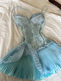 Ndyad Tiffany Blue Spaghetti Strap Chiffon Party Dresses Lace Applique Short Prom Dresses Homecoming Dress HZ1024