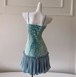 Ndyad Tiffany Blue Spaghetti Strap Chiffon Party Dresses Lace Applique Short Prom Dresses Homecoming Dress HZ1024