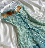Ndyad Tiffany Blue Spaghetti Strap Chiffon Party Dresses Lace Applique Short Prom Dresses Homecoming Dress HZ1024
