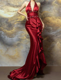 Ndyad Burgundy Halter Satin Mermaid Train Prom Dresses Elegant Beaded Formal Evening Dress with Slit HZ1024