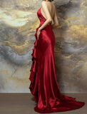 Ndyad Burgundy Halter Satin Mermaid Train Prom Dresses Elegant Beaded Formal Evening Dress with Slit HZ1024
