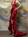 Ndyad Burgundy Halter Satin Mermaid Train Prom Dresses Elegant Beaded Formal Evening Dress with Slit HZ1024