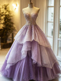 Ndyad Gradient Purple Sweetheart Neck Tulle Beaded A-Line Long Prom Dress HZ1024