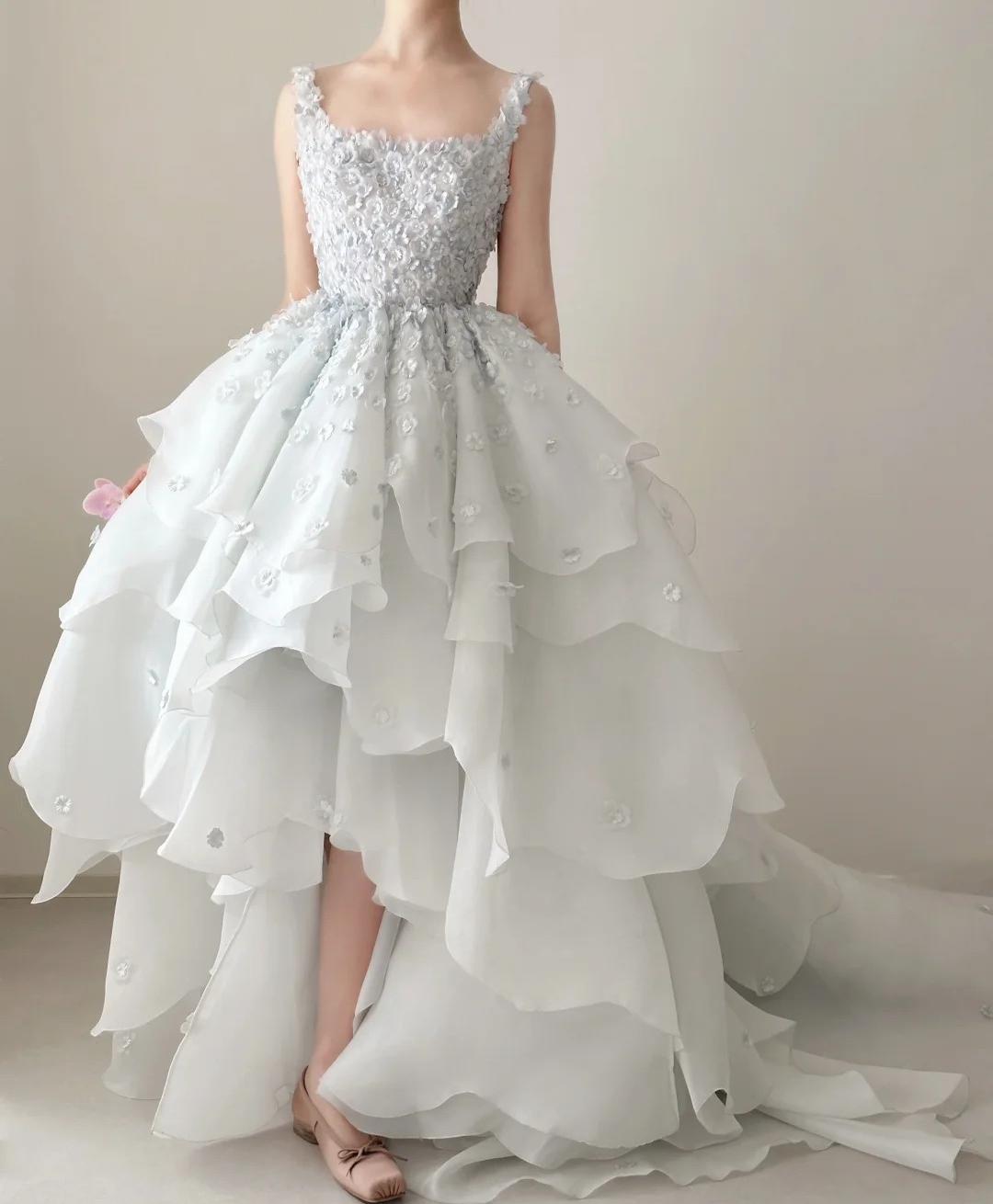 Ndyad Spaghetti Straps A-Line Open Back Chiffon Layered Train Wedding Dresses HZ1024