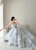Ndyad Spaghetti Straps A-Line Open Back Chiffon Layered Train Wedding Dresses HZ1024