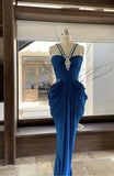 Ndyad Blue V-neck Chiffon Bodycon Party Dresses Elegant Rhinestone Evening Dresses HZ1024