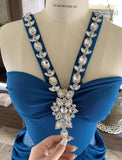 Ndyad Blue V-neck Chiffon Bodycon Party Dresses Elegant Rhinestone Evening Dresses HZ1024