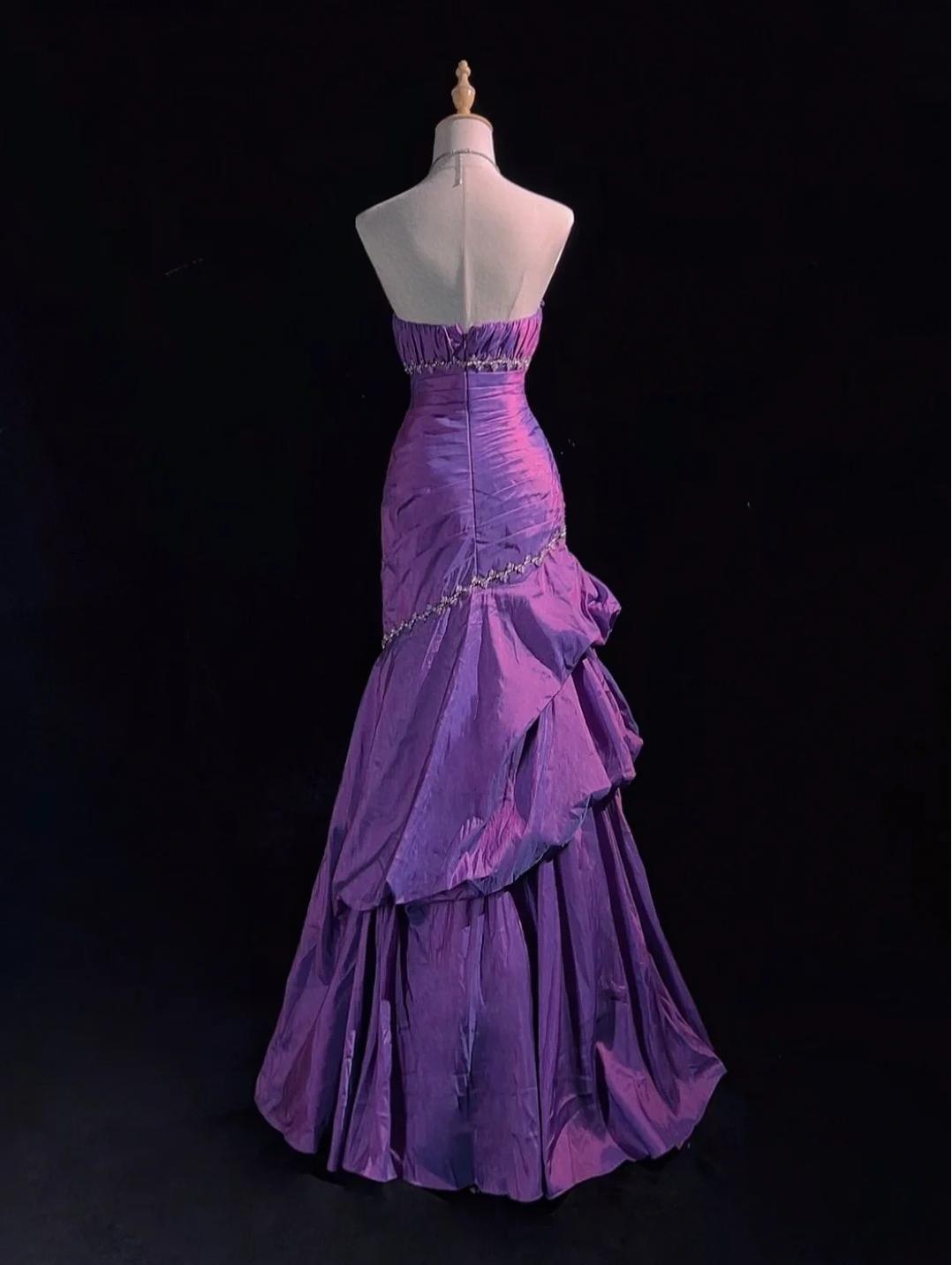 Ndyad Strapless Mermaid Taffeta Long Prom Dresses Purple Long Formal Dresses Elegant Evening Dresses with Beadings HZ1024