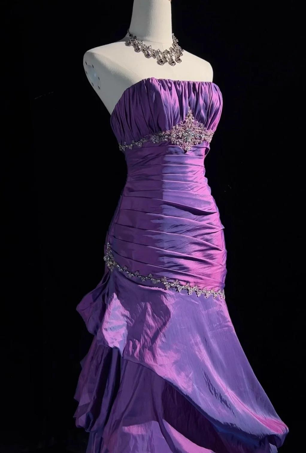 Ndyad Strapless Mermaid Taffeta Long Prom Dresses Purple Long Formal Dresses Elegant Evening Dresses with Beadings HZ1024