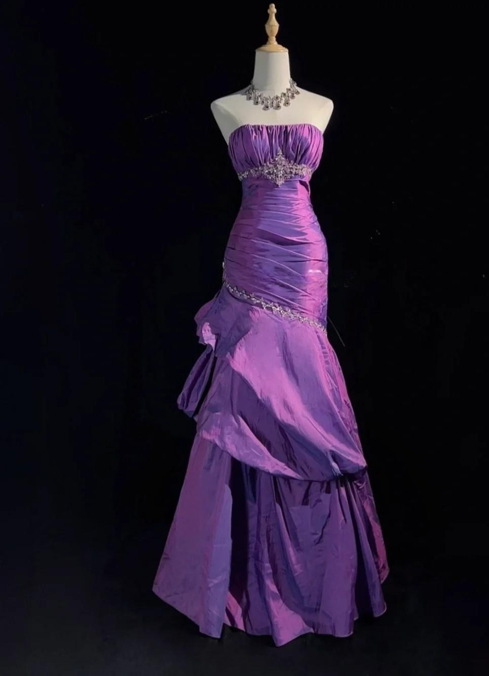 Ndyad Strapless Mermaid Taffeta Long Prom Dresses Purple Long Formal Dresses Elegant Evening Dresses with Beadings HZ1024