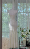 Ndyad Gothic White Mermaid Chiffon Spaghetti Straps Party Dresses Elegant Shiny Beaded Evening Dresses HZ1024