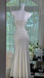 Ndyad Gothic White Mermaid Chiffon Spaghetti Straps Party Dresses Elegant Shiny Beaded Evening Dresses HZ1024