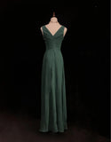 Ndyad Dark Green V-neck Chiffon A-Line Bridesmaids Dress, Elegant Evening Dress HZ1024