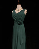 Ndyad Dark Green V-neck Chiffon A-Line Bridesmaids Dress, Elegant Evening Dress HZ1024