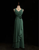 Ndyad Dark Green V-neck Chiffon A-Line Bridesmaids Dress, Elegant Evening Dress HZ1024