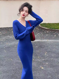 Ndyad retro Klein blue V neck hip-wrapped knitted dress HZ1024