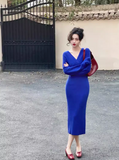 Ndyad retro Klein blue V neck hip-wrapped knitted dress HZ1024