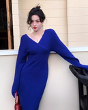 Ndyad retro Klein blue V neck hip-wrapped knitted dress HZ1024