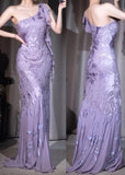 Ndyad Vintage Purple One Shoulder Mermaid Chiffon Long Prom Dresses Evening Dresses with Beading HZ1024